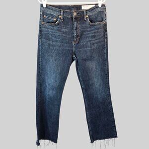 Rag & Bone Bootcut Jean Sz 32 High Rise Dark Blue Denim Raw Hem Relaxed Fit Crop